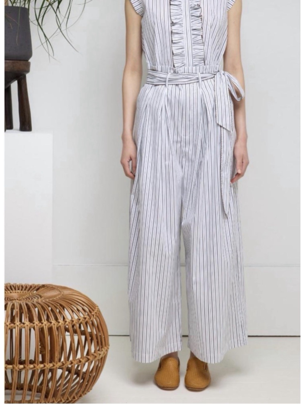 Love Binetti S Noah Cotton Blue Stripe Pants Wide Leg Paperbag 26”L Pleated EUC